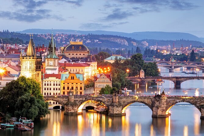 Evening View Walk in Prague - Prague Castle area: St. Vitus Cathedral under spotlights and gas-lamp lanes